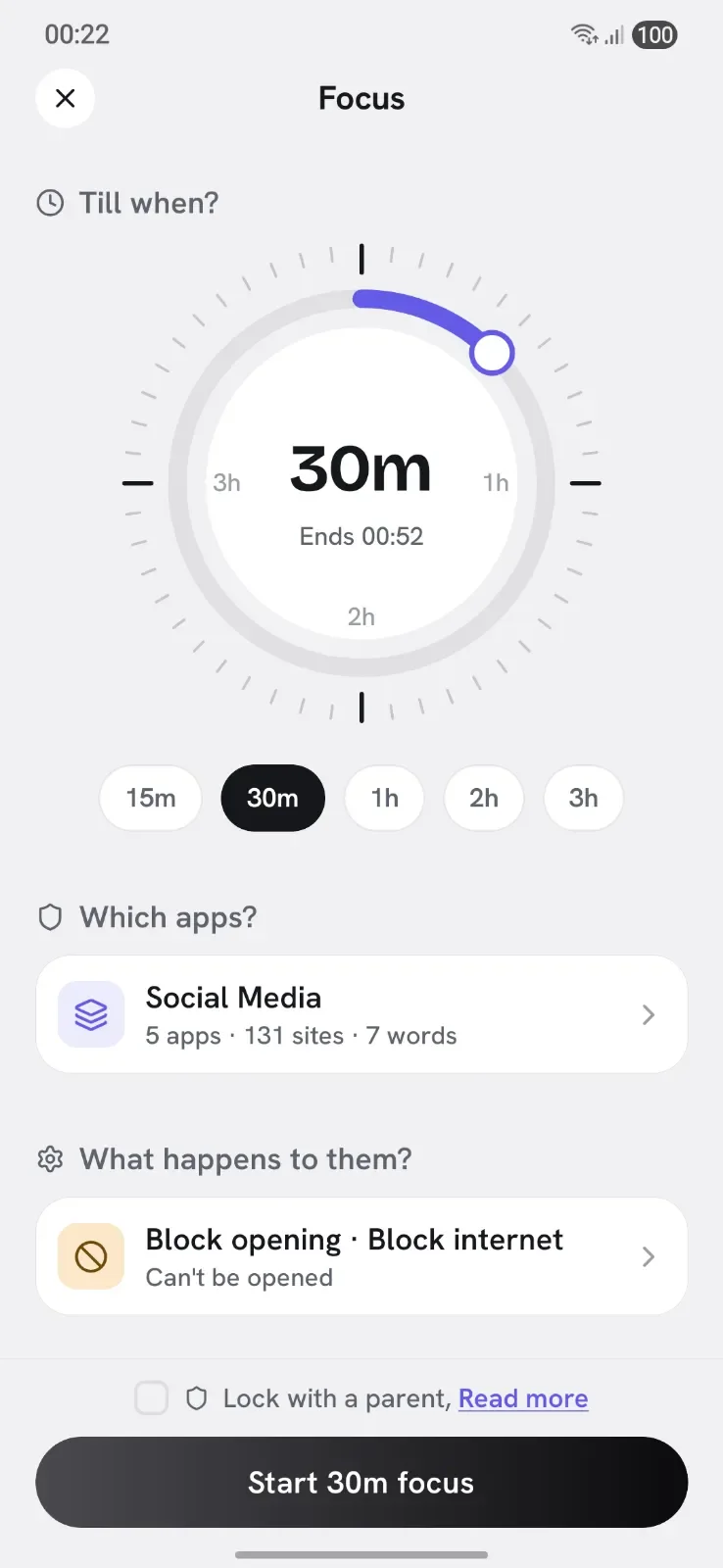 Appcognito Focus screen
