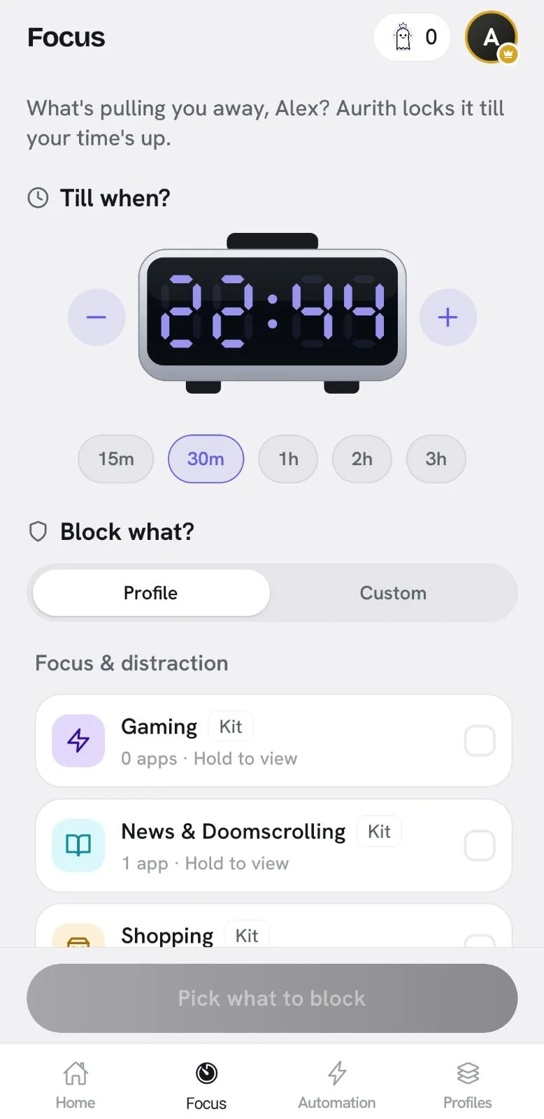 Appcognito Focus mode screen