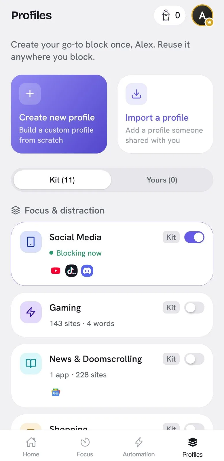 Appcognito Profiles screen