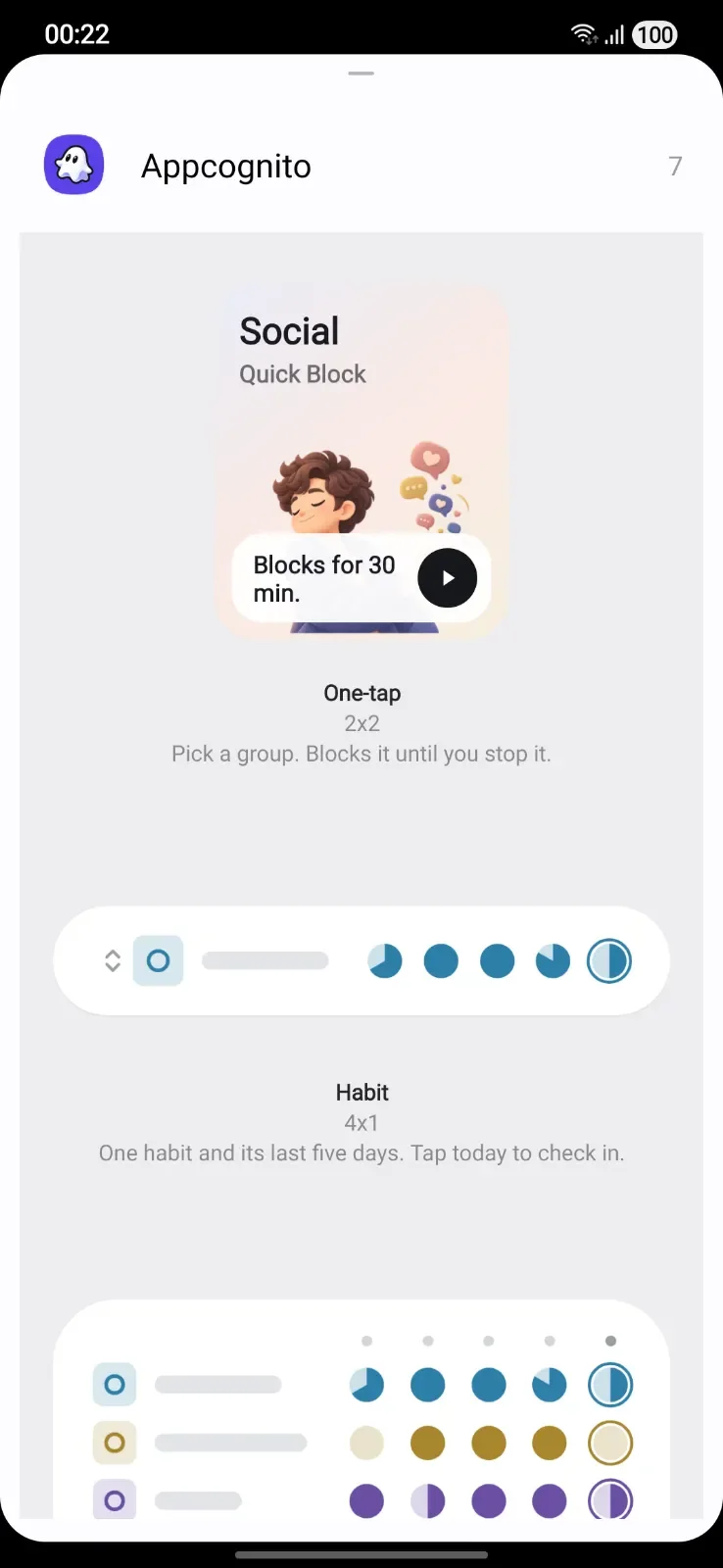 Appcognito Widgets screen