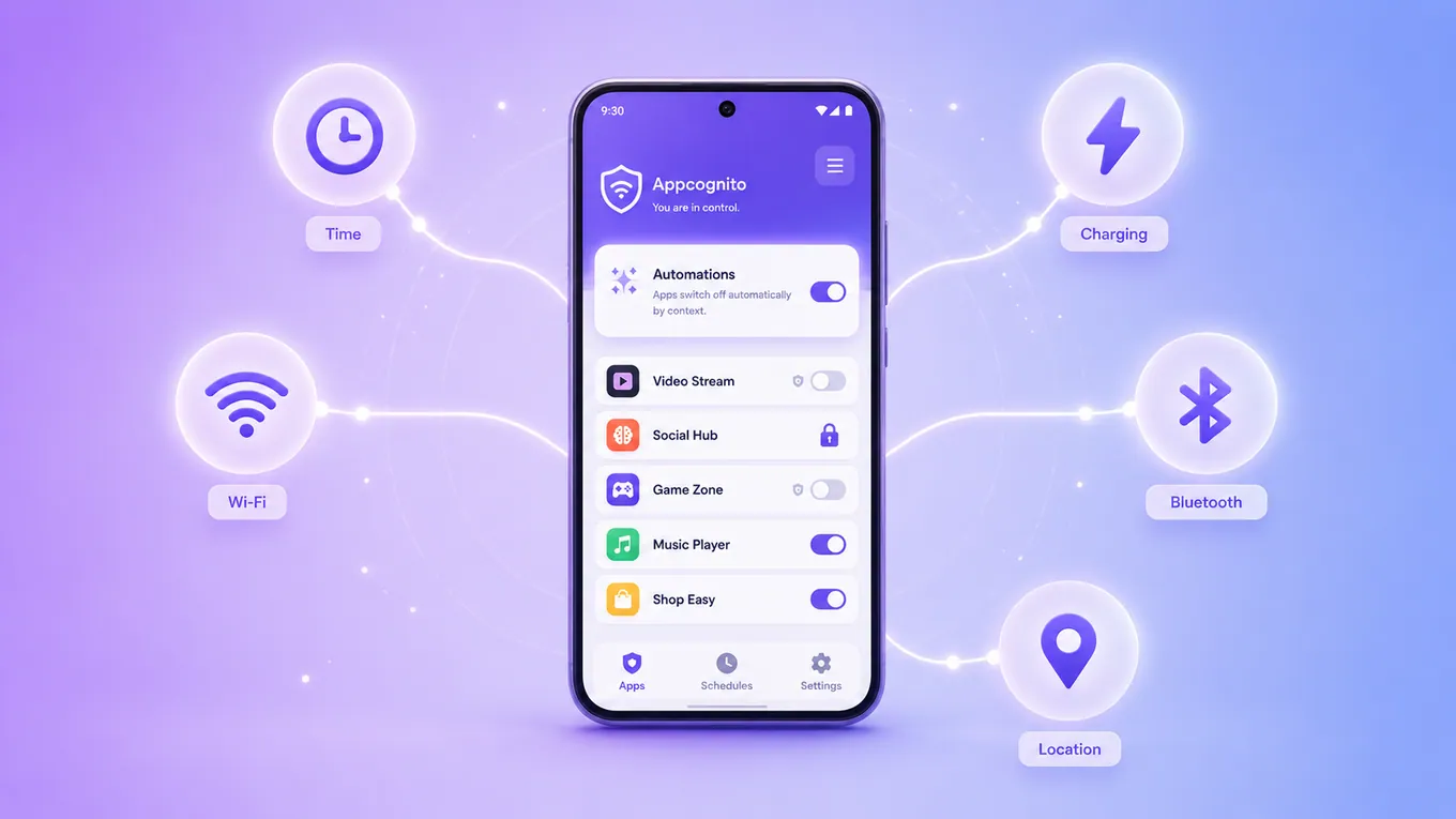 A phone surrounded by automation triggers: time, charging, Wi-Fi, Bluetooth and location, showing apps blocked automatically by context.