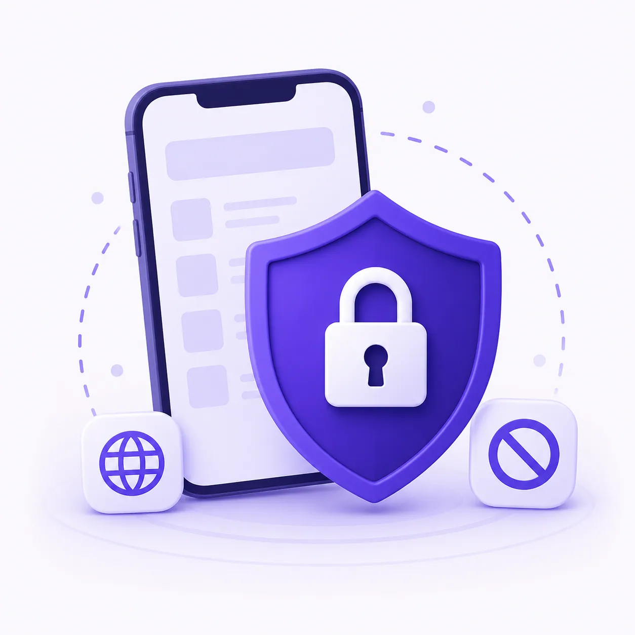 A phone protected by a shield and padlock, with website and blocked icons, representing Appcognito blocking adult sites on your device.