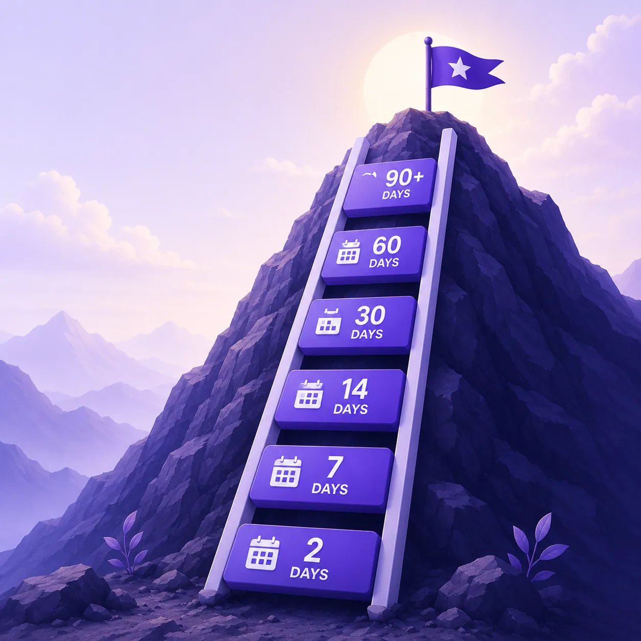A rising staircase of clean-day targets growing longer at each step: 2 days, then 7, then 14, then 30, then 60 days.